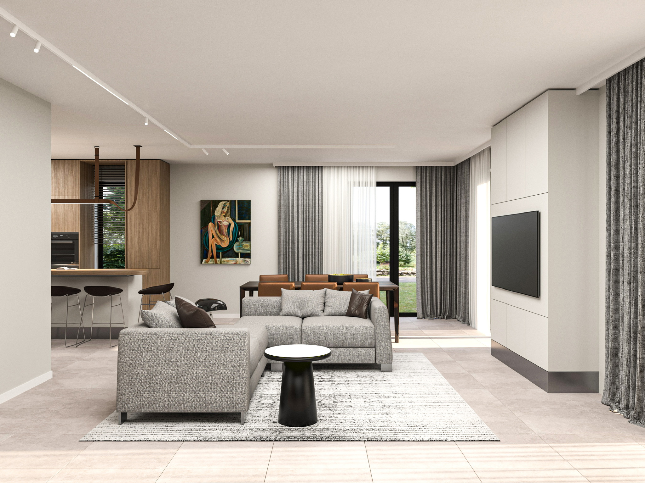 River Park Sofia residence — living area towards the kitchen visualisation
